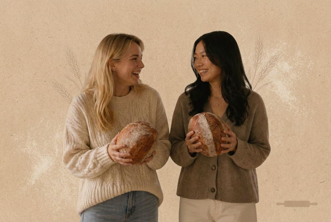 Kay and Kayla, founders of Dissolve My Dough, holding freshly baked bread