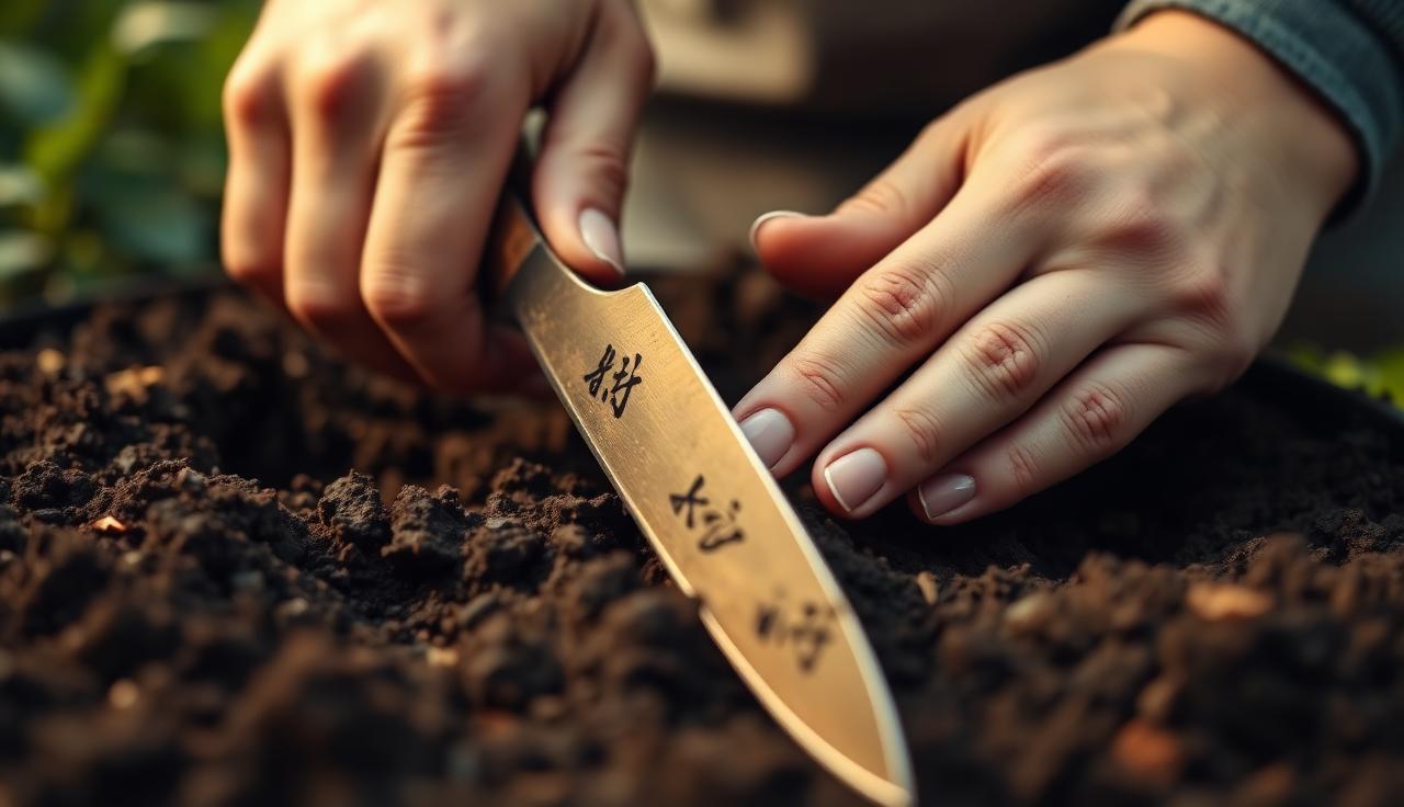 Hands using a Japanese hori hori knife in rich soil
